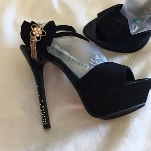 BLACK STILETTOS WITH JEWELED HEELS IN SIZE 39 - Picture 6 of 14